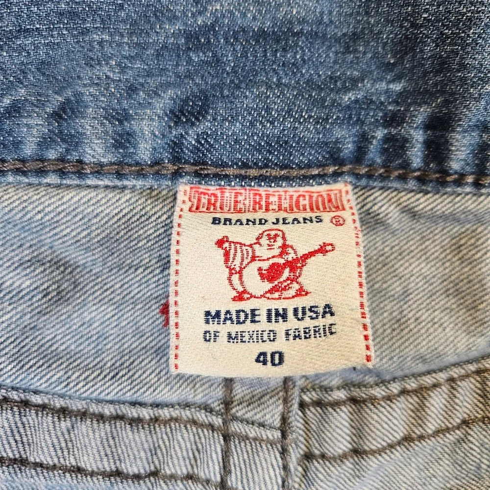 True Religion Mens Boot Cut Jeans Blue Distressed Graphic Back Pocket 40 USA